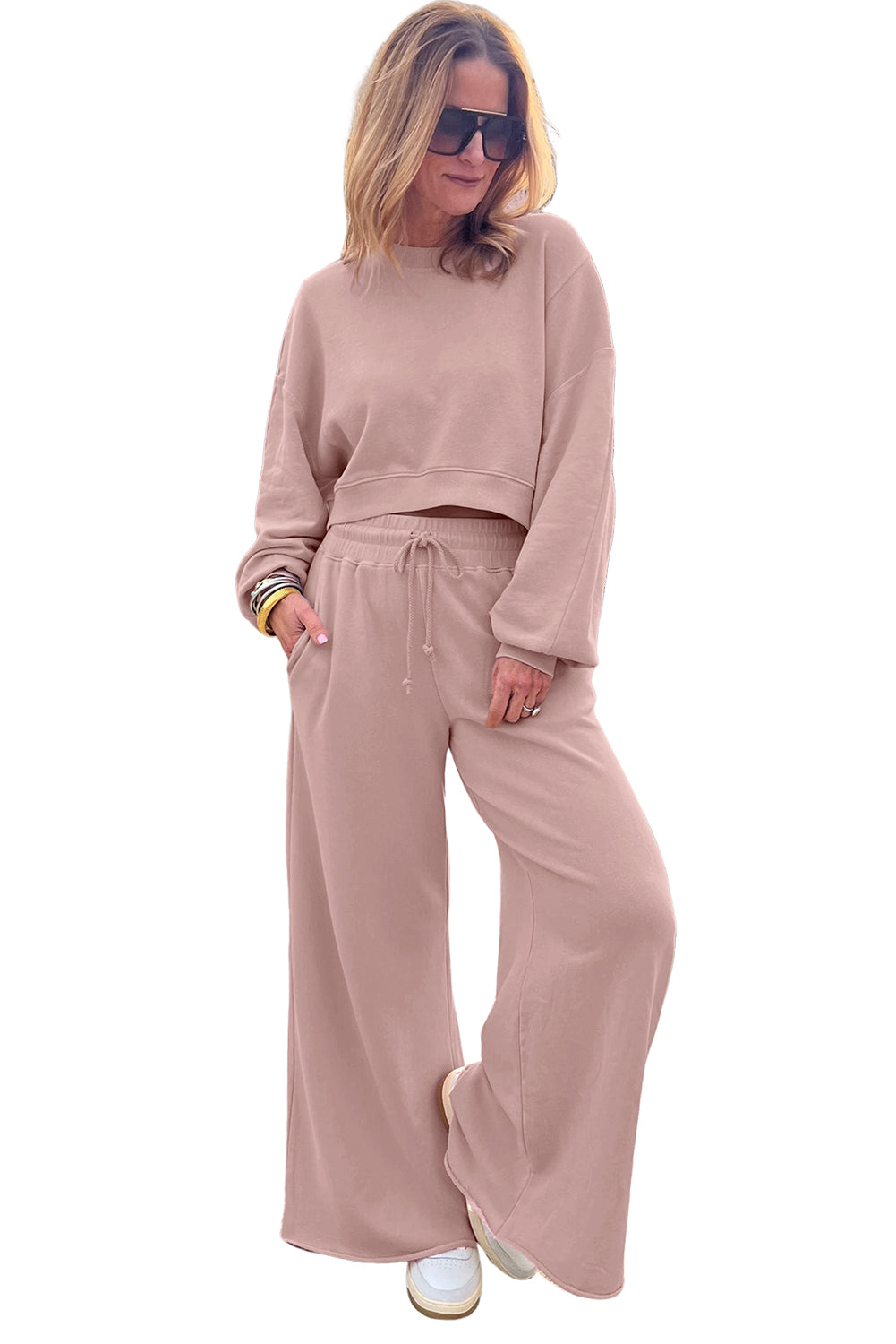 Drop Shoulder Crop Pullover Drawstring Wide Leg Pants Set
