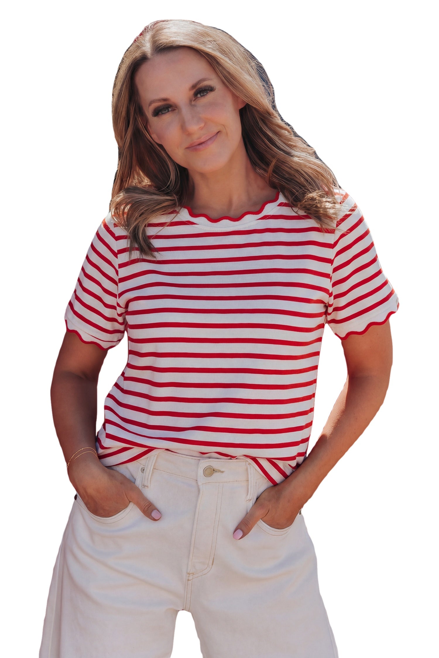 Black Stripe Scalloped Trim Round Neck T Shirt