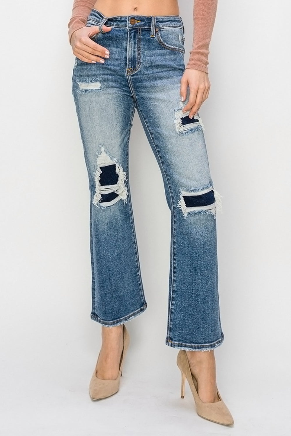 High Rise Distressed Ankle Flare Jeans