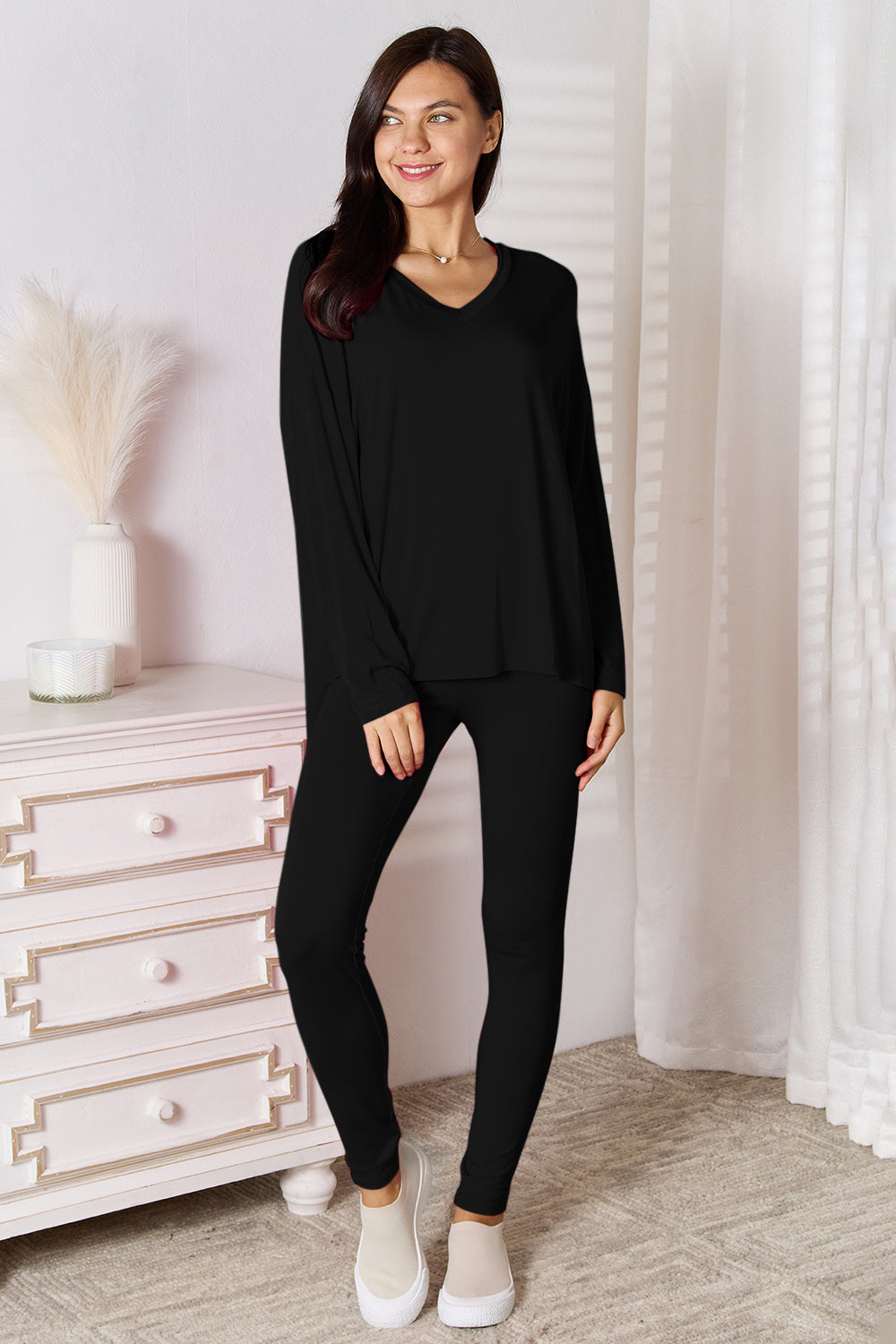 V-Neck Long Sleeve Top and Pants Lounge Set