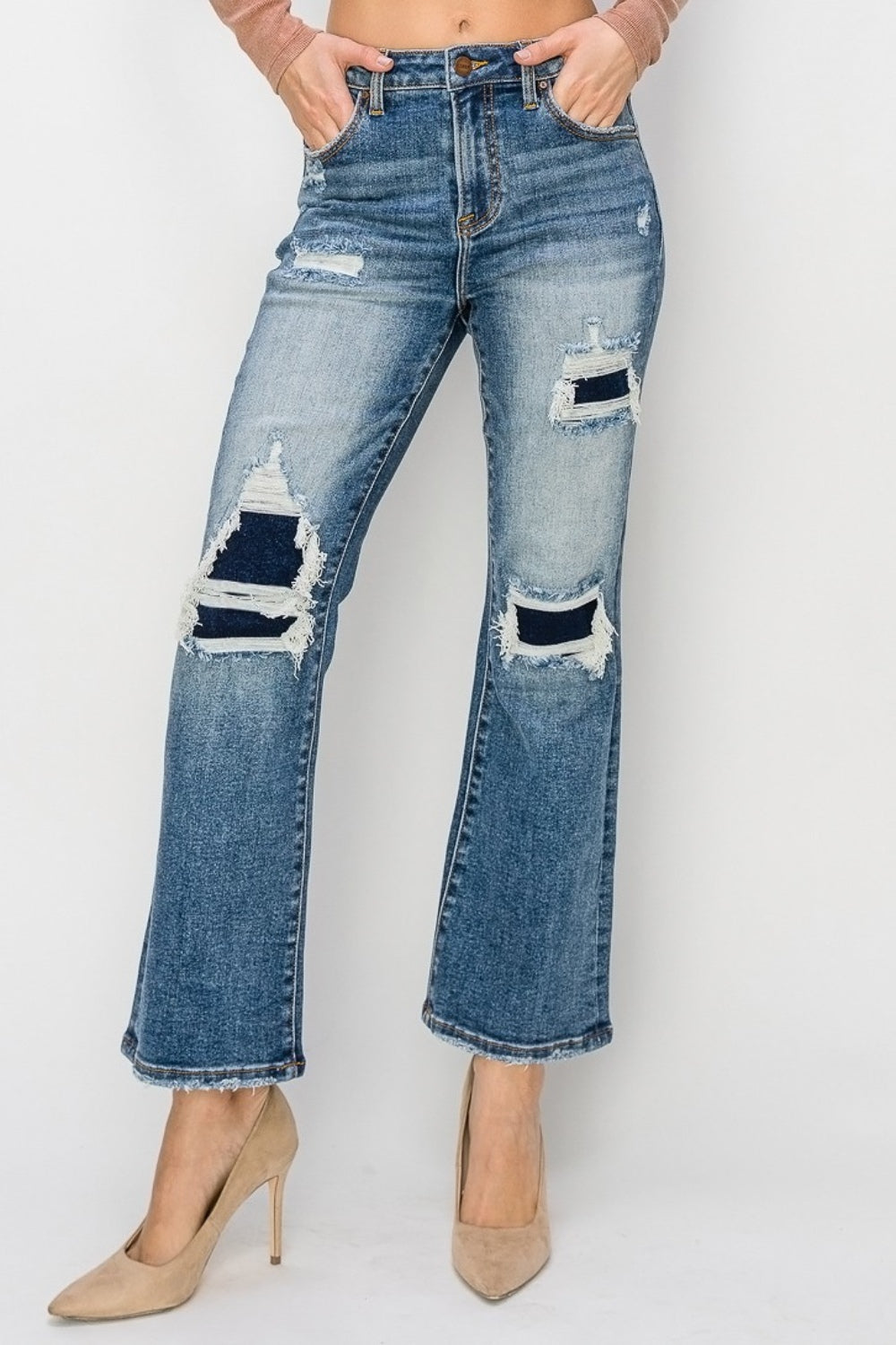 High Rise Distressed Ankle Flare Jeans