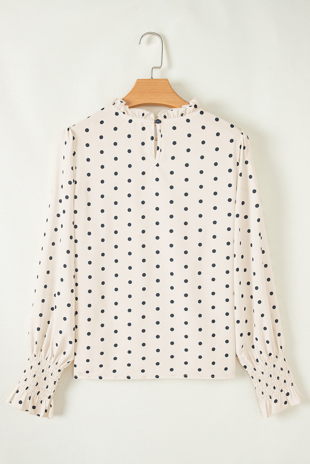 PRE-ORDER: Apricot Polka Dot Print Frill Neck Smocked Lantern Sleeve Blouse