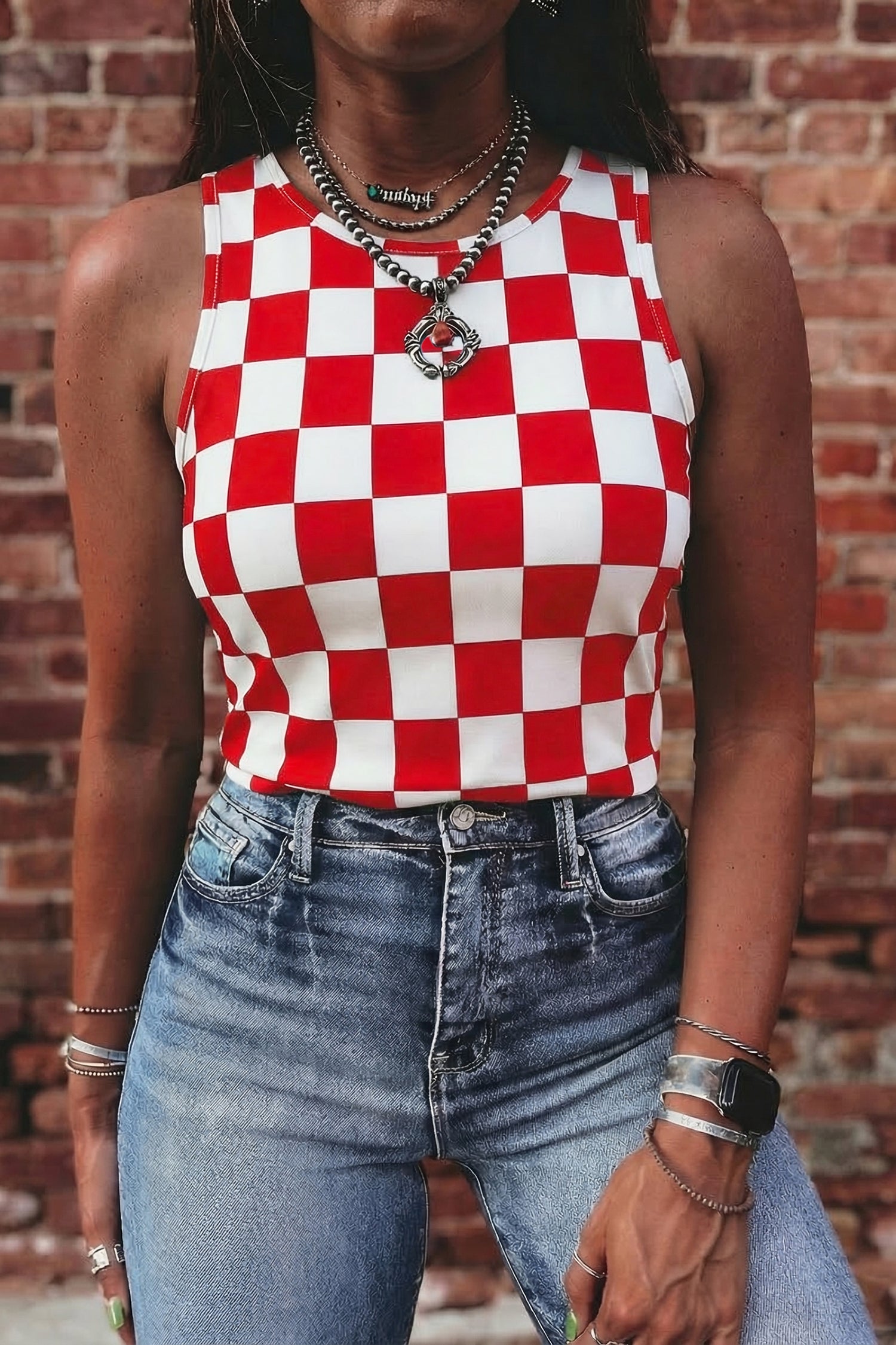 PRE-ORDER: Checkerboard Printed Slim Tank Top