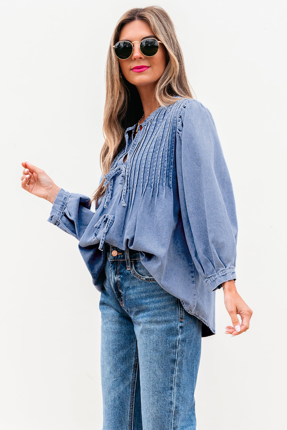 Denim Blue Front Pintuck Bow Tie Puff Sleeve Blouse
