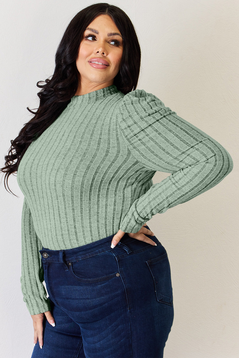 Ribbed Mock Neck Puff Sleeve Top