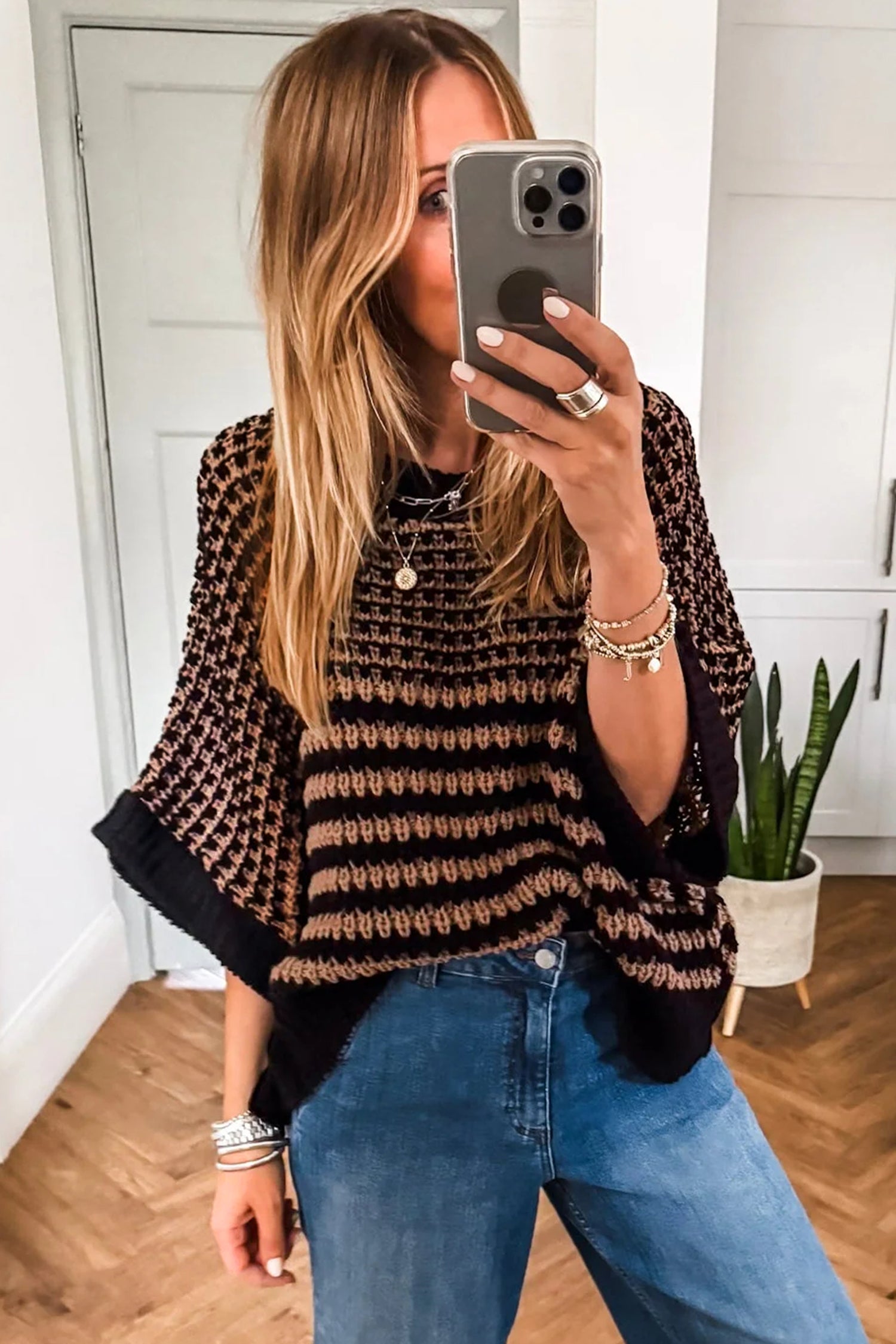PRE-ORDER: Striped 3/4 Draped Sleeve Slouchy Sweater