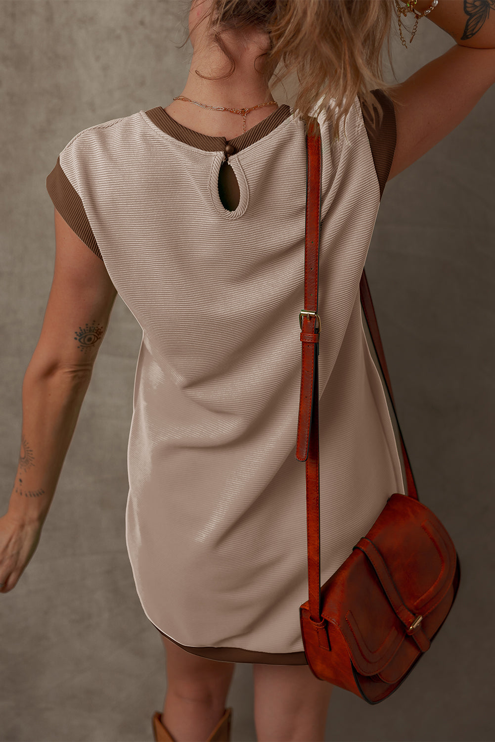 PRE-ORDER: Parchment Stylish Textured Trim Shift Mini Dress