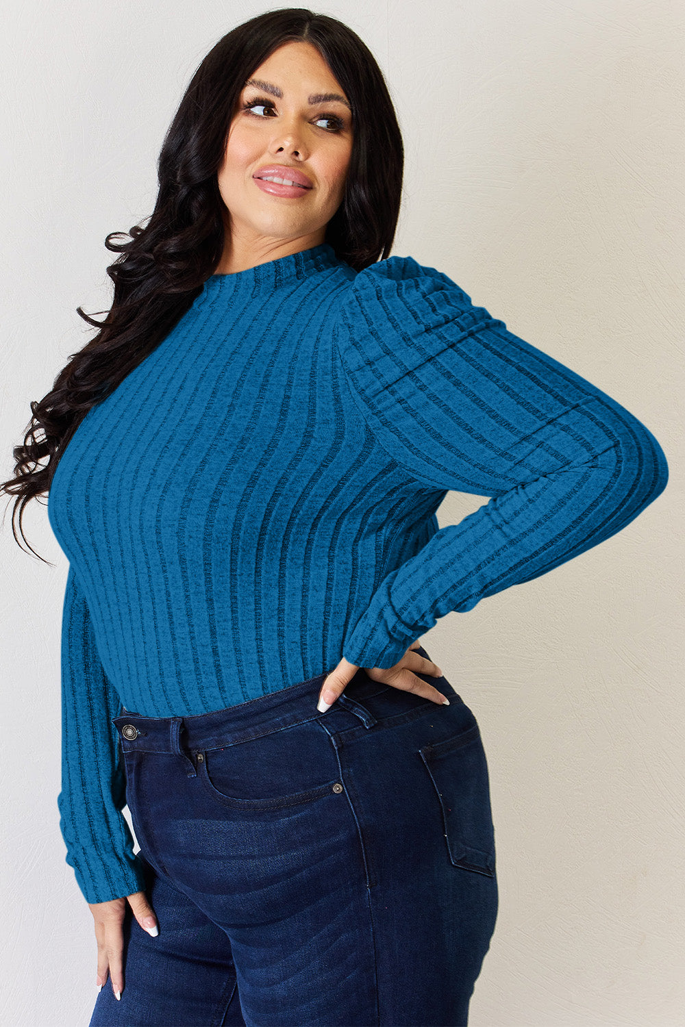 Ribbed Mock Neck Puff Sleeve Top