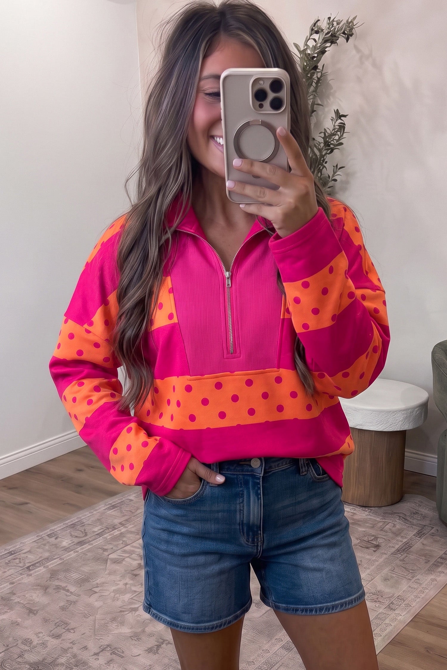 PRE-ORDER: Striped Polka Dot Quarter Zip Long Sleeve Top