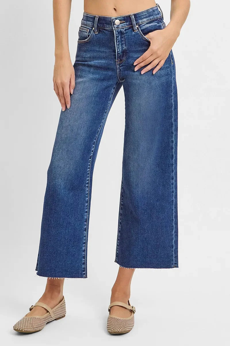 High Rise Raw Hem Cropped Wide Leg Jeans