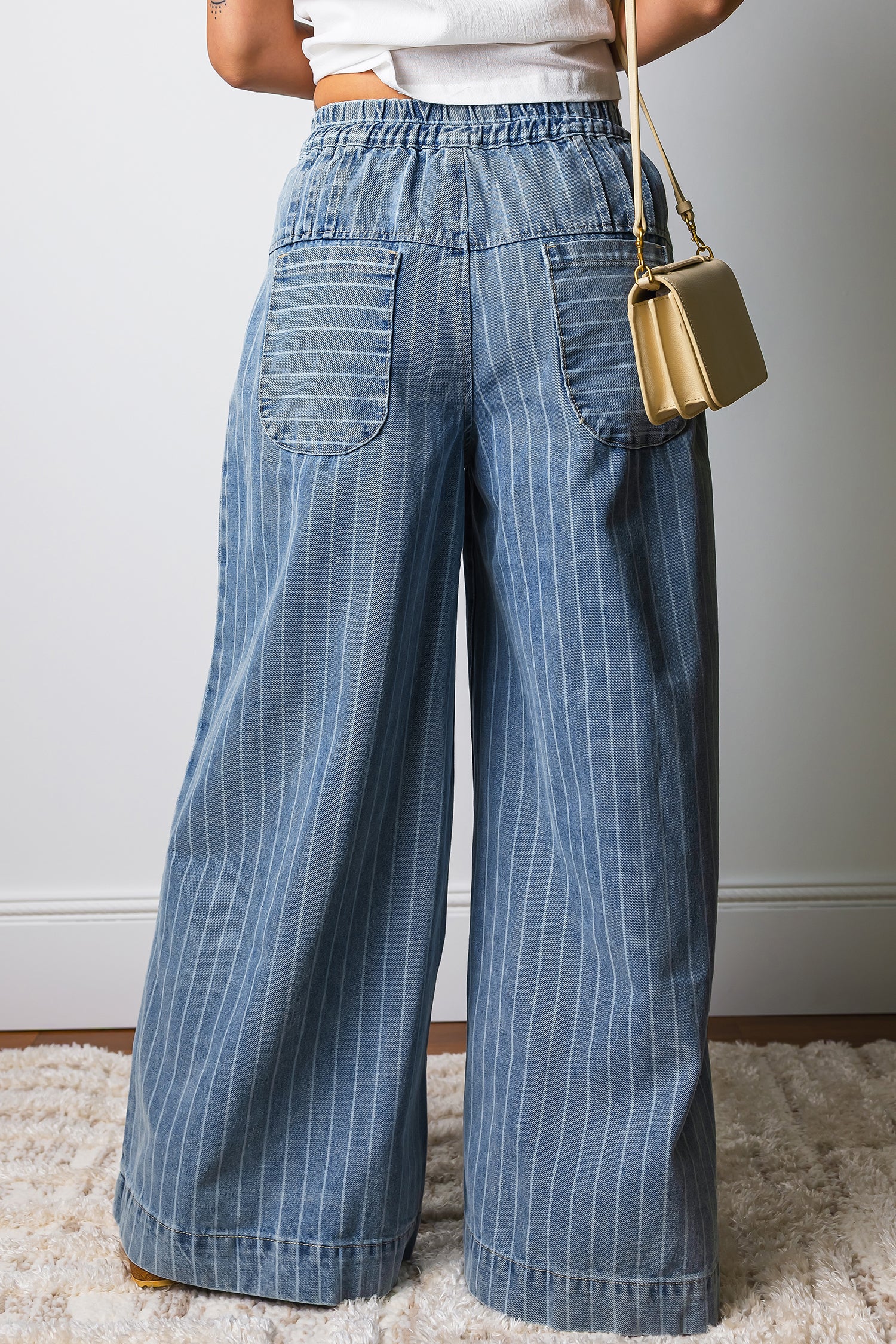 PRE-ORDER: Blue Stripe Button Pleated Drawstring Waist Casual Wide Leg Jeans