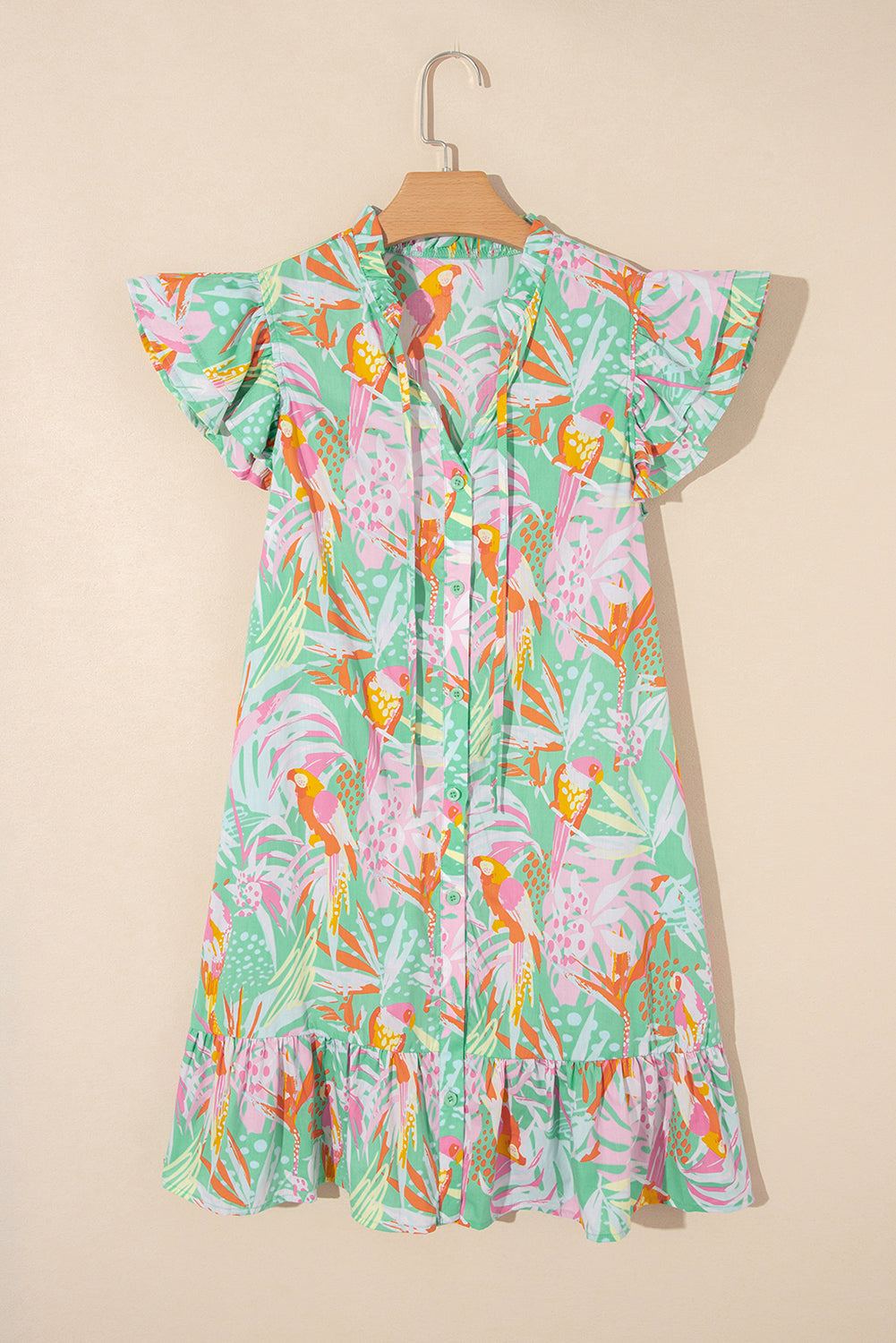 Pink Abstract Floral Ruffle Sleeve Buttoned Dress
