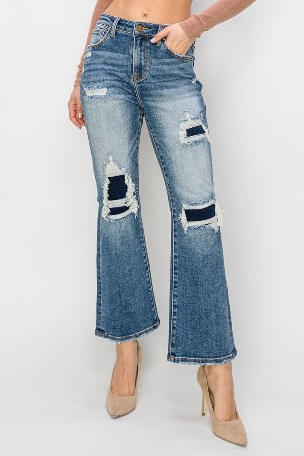 High Rise Distressed Ankle Flare Jeans