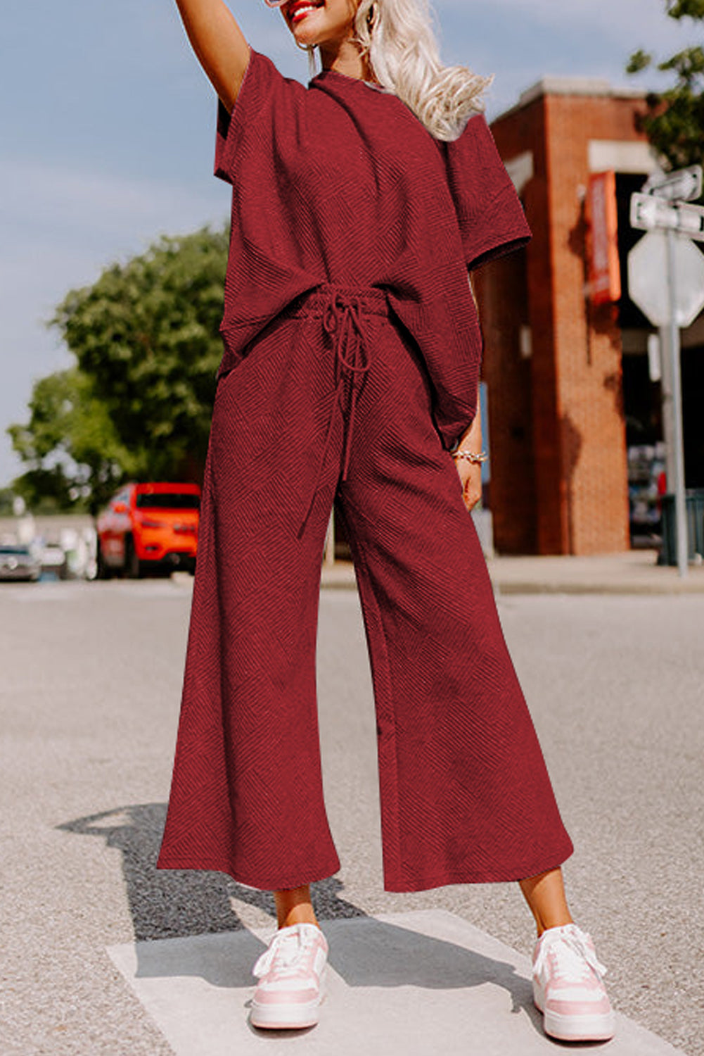 Textured Loose Fit Tee and Pants Set