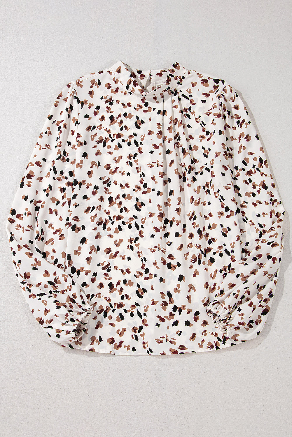 PRE-ORDER: Leopard Print Puff Sleeve Mock Neck Pleated Blouse