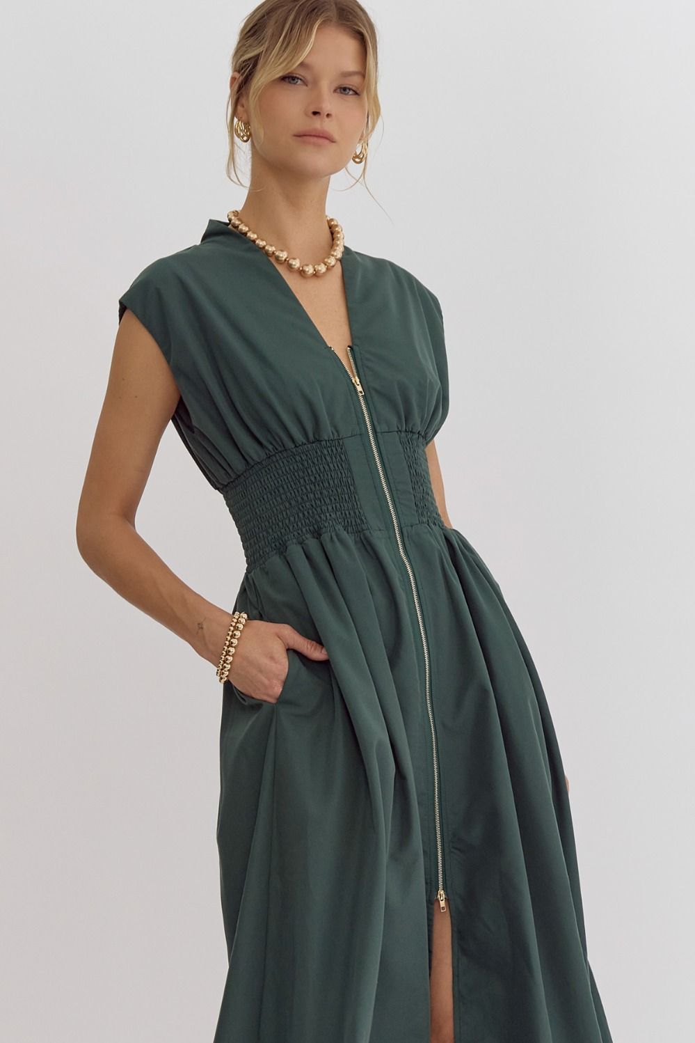 Solid V-Neck Sleeveless Dual Zipper Midi Dress