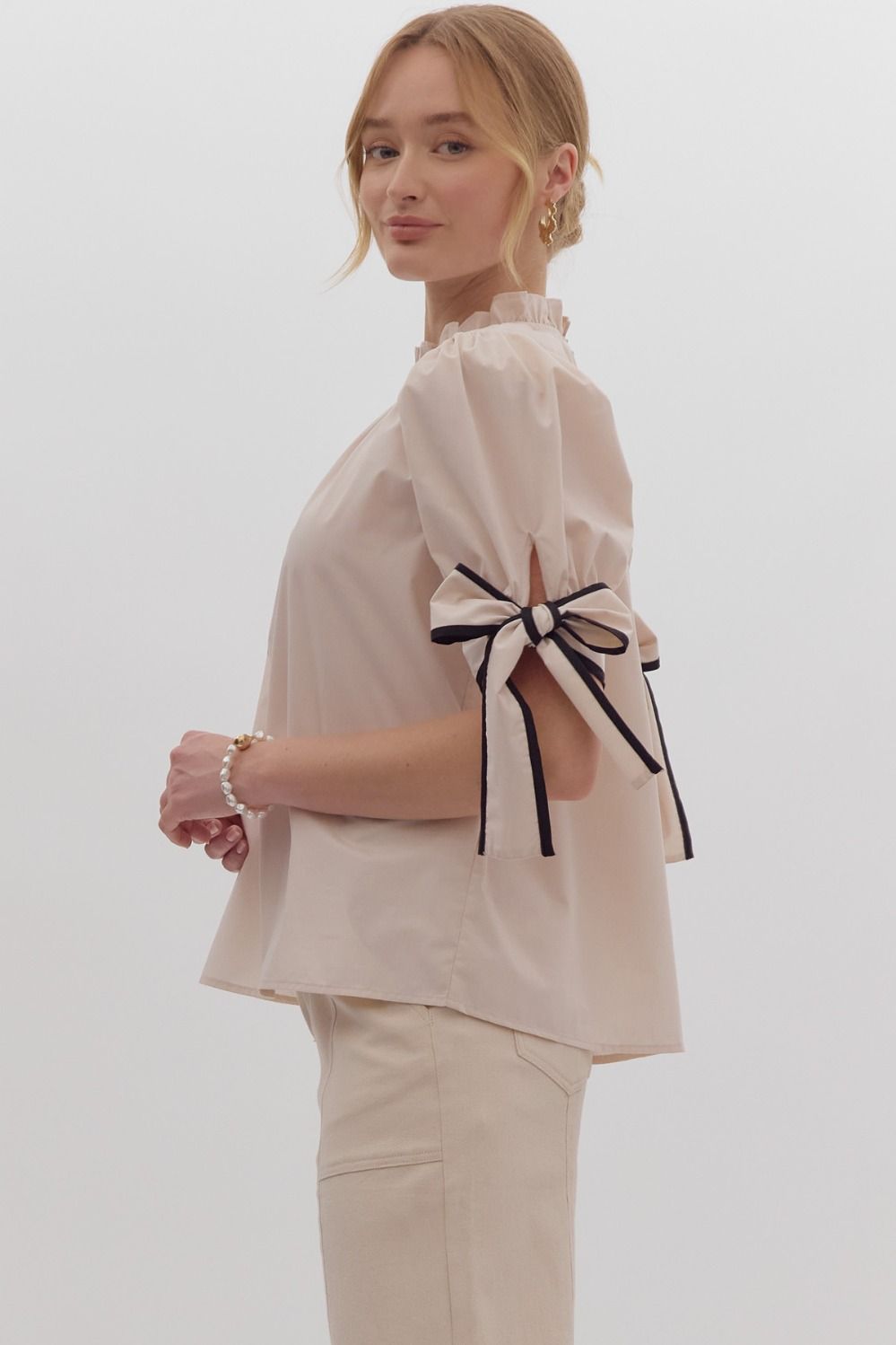 Solid Bow Tie Sleeve Blouse - Medium