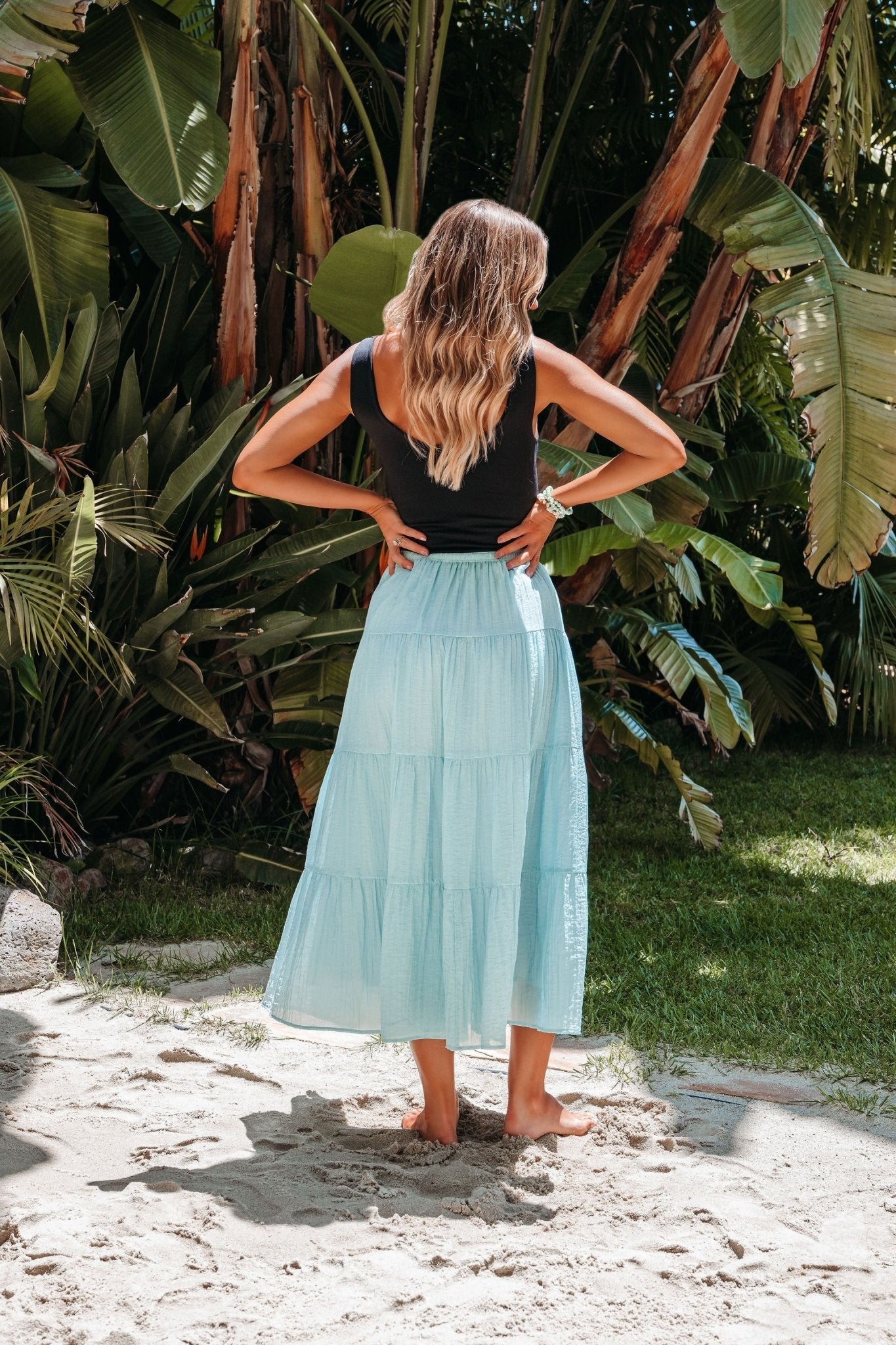 Evangeline Light Blue Tiered Midi Skirt