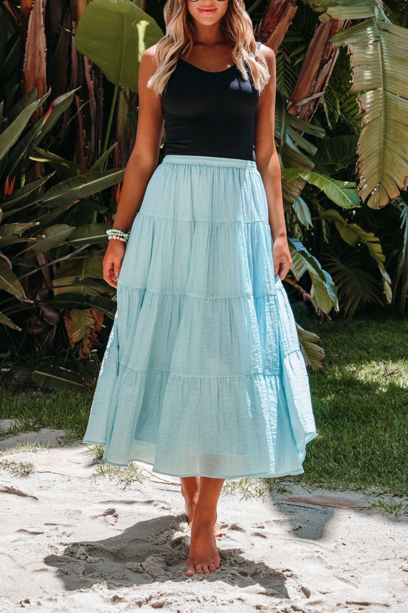 Evangeline Light Blue Tiered Midi Skirt