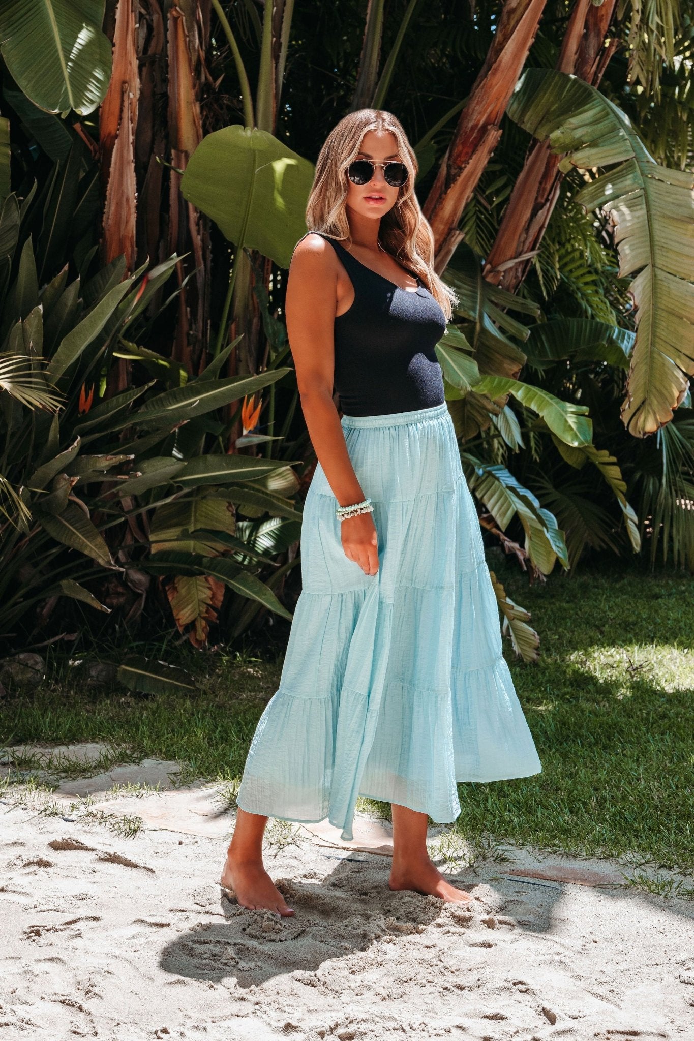 Evangeline Light Blue Tiered Midi Skirt