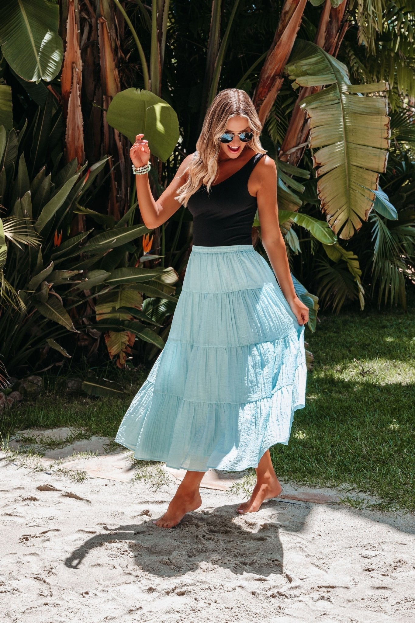 Evangeline Light Blue Tiered Midi Skirt