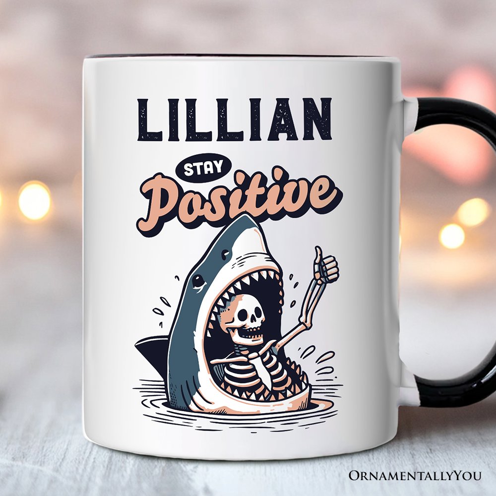 Stay Positive Funny Shark and Skeleton Personalized Mug