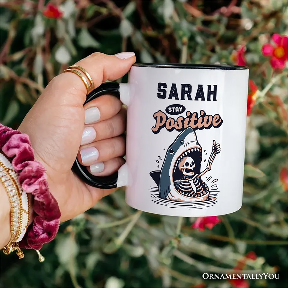 Stay Positive Funny Shark and Skeleton Personalized Mug
