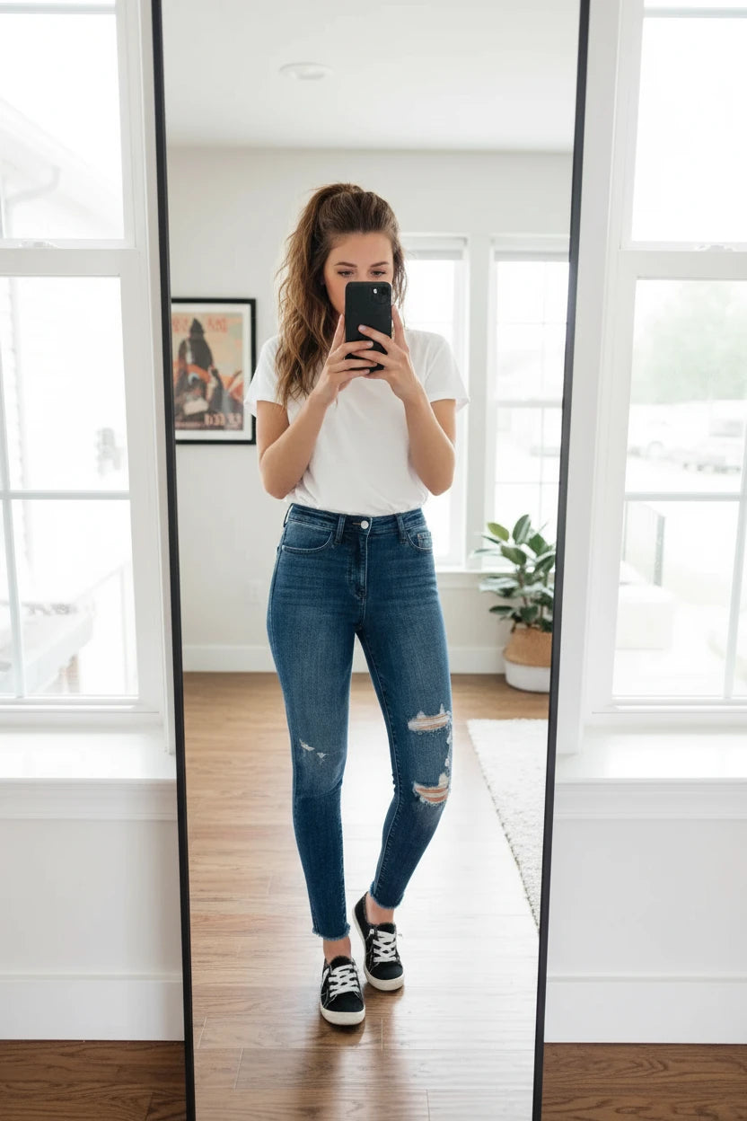 High Waist Distressed Skinny Leg Jeans