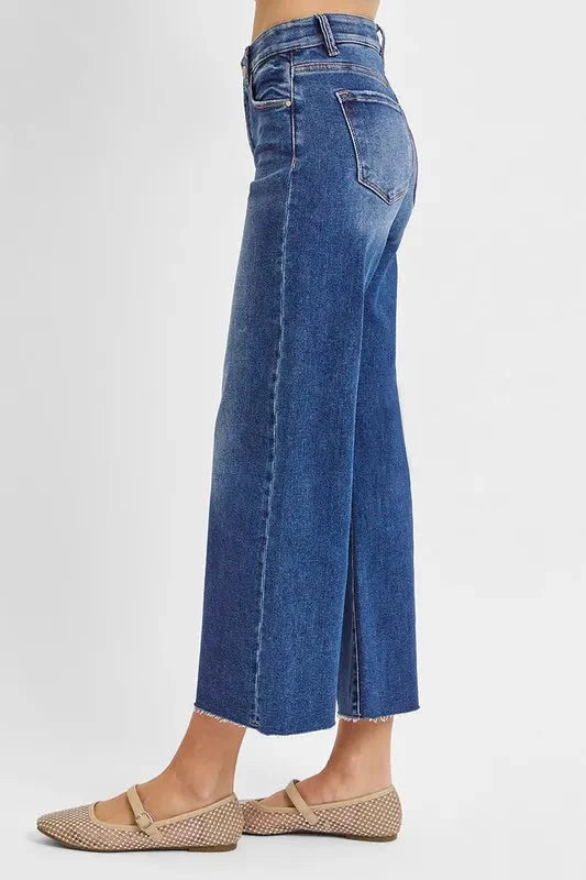 High Rise Raw Hem Cropped Wide Leg Jeans