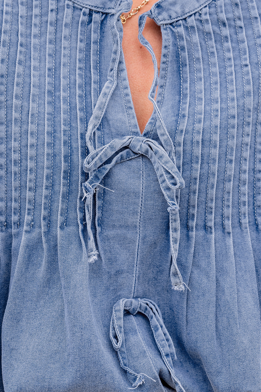 Denim Blue Front Pintuck Bow Tie Puff Sleeve Blouse