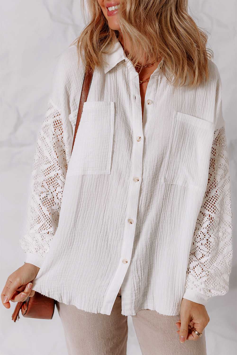 PRE-ORDER: Cotton Gauze Lace Patchwork Long Sleeve Shirt
