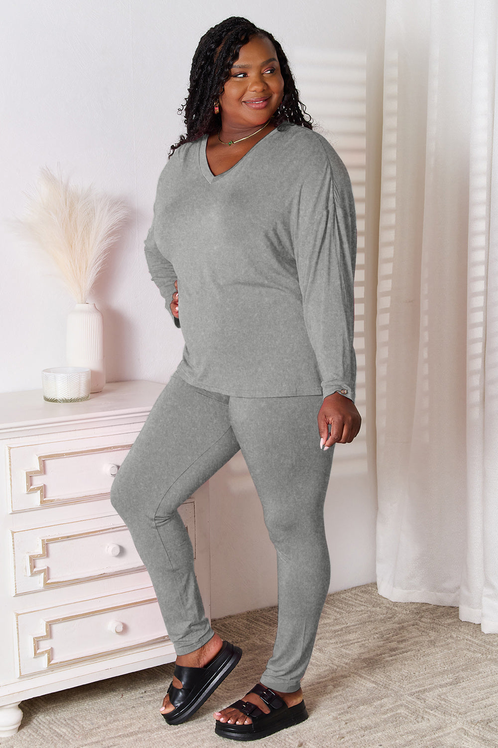 V-Neck Long Sleeve Top and Pants Lounge Set