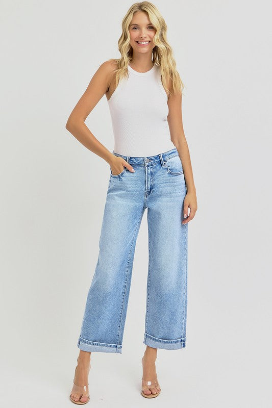 Ankle Wide Leg Cuffed Jeans Plus Size