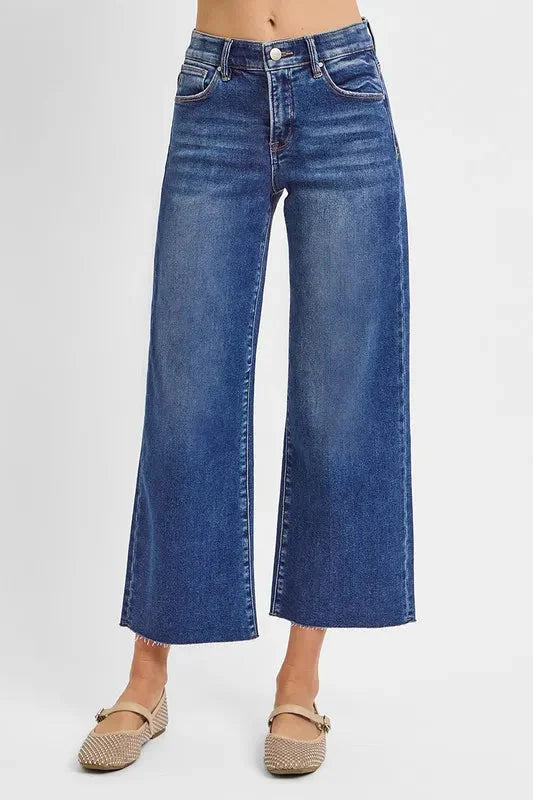 High Rise Raw Hem Cropped Wide Leg Jeans