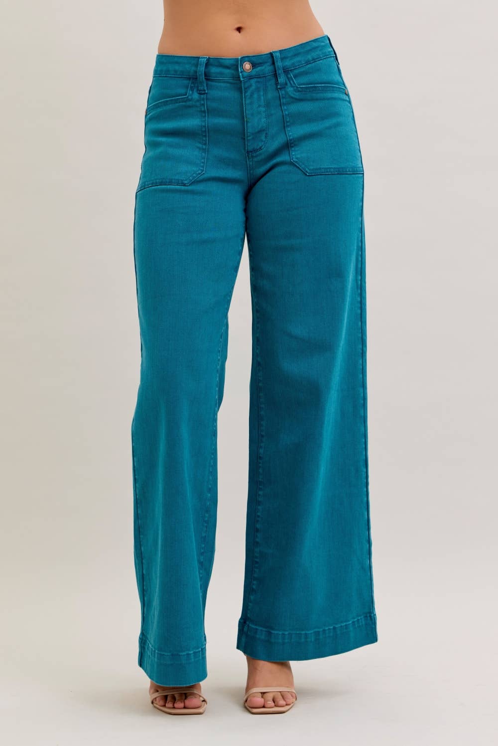 Judy Blue Teal Mid Rise Utility Wide Jeans