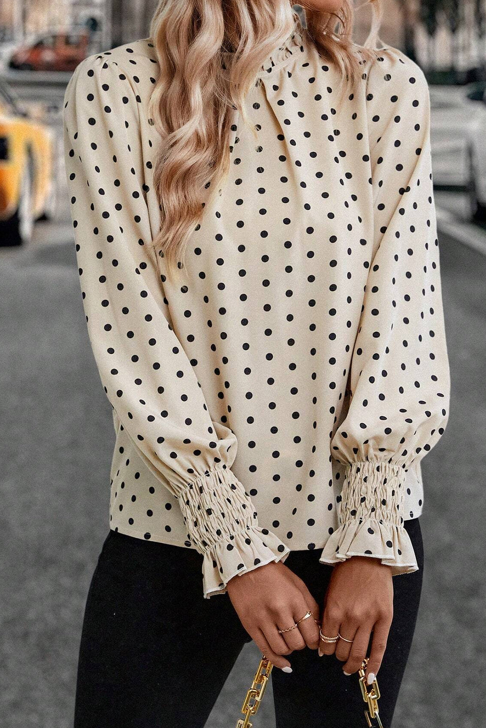 PRE-ORDER: Apricot Polka Dot Print Frill Neck Smocked Lantern Sleeve Blouse