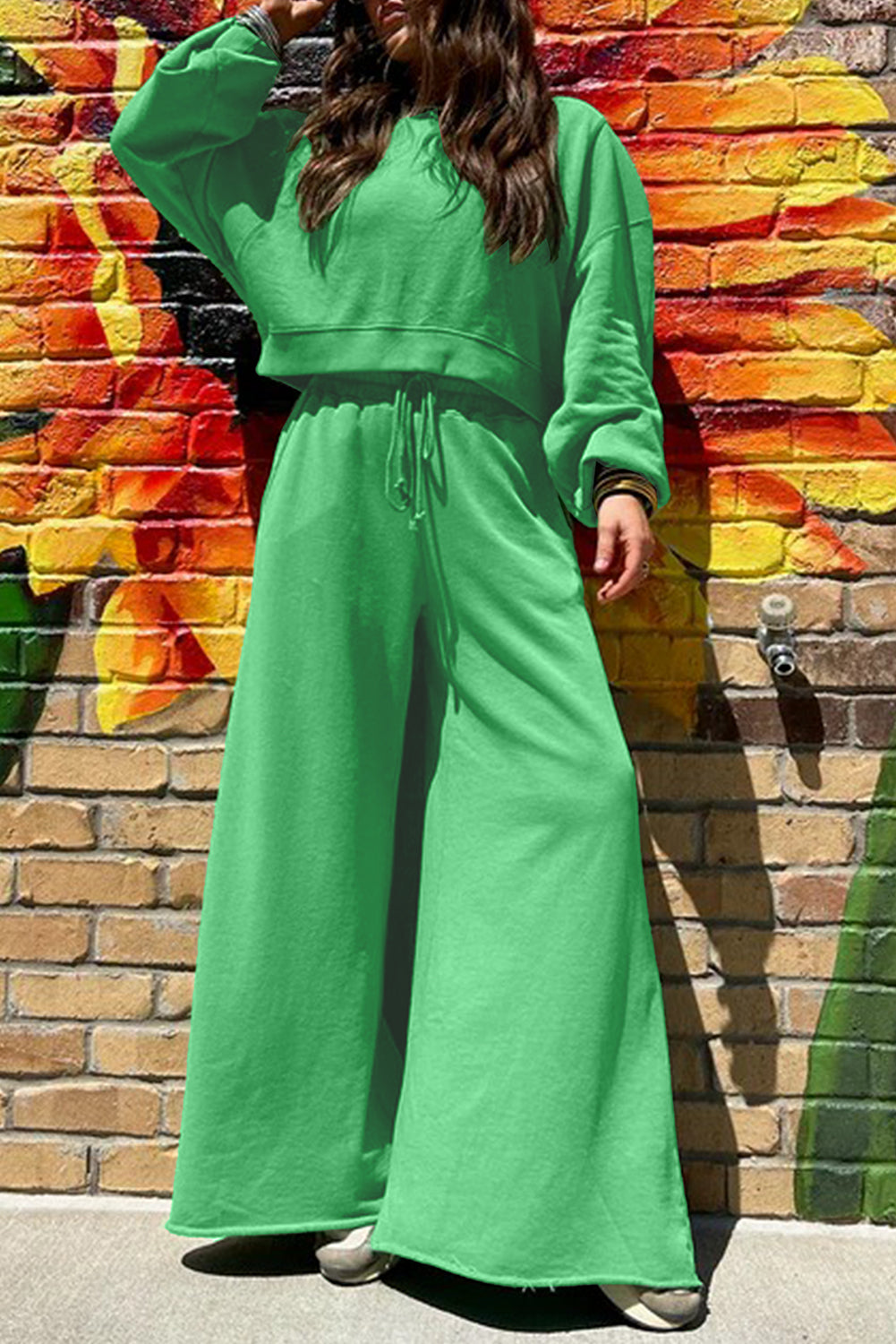 Drop Shoulder Crop Pullover Drawstring Wide Leg Pants Set