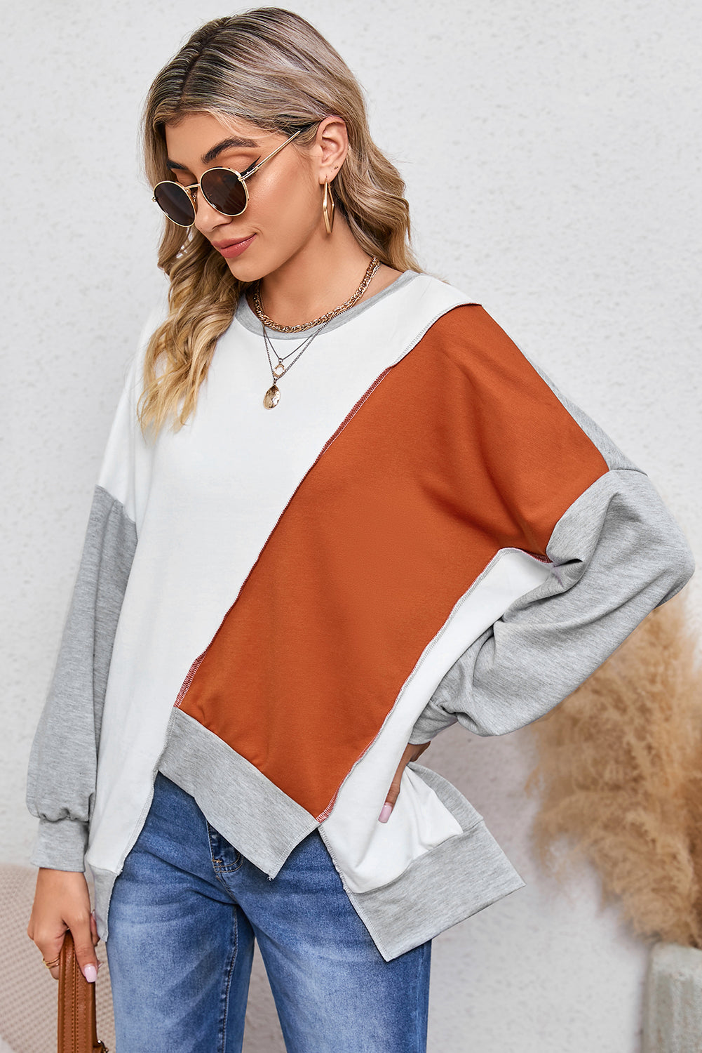 PRE-ORDER: Colorblock Stitching Irregular Hem Long Sleeve Top