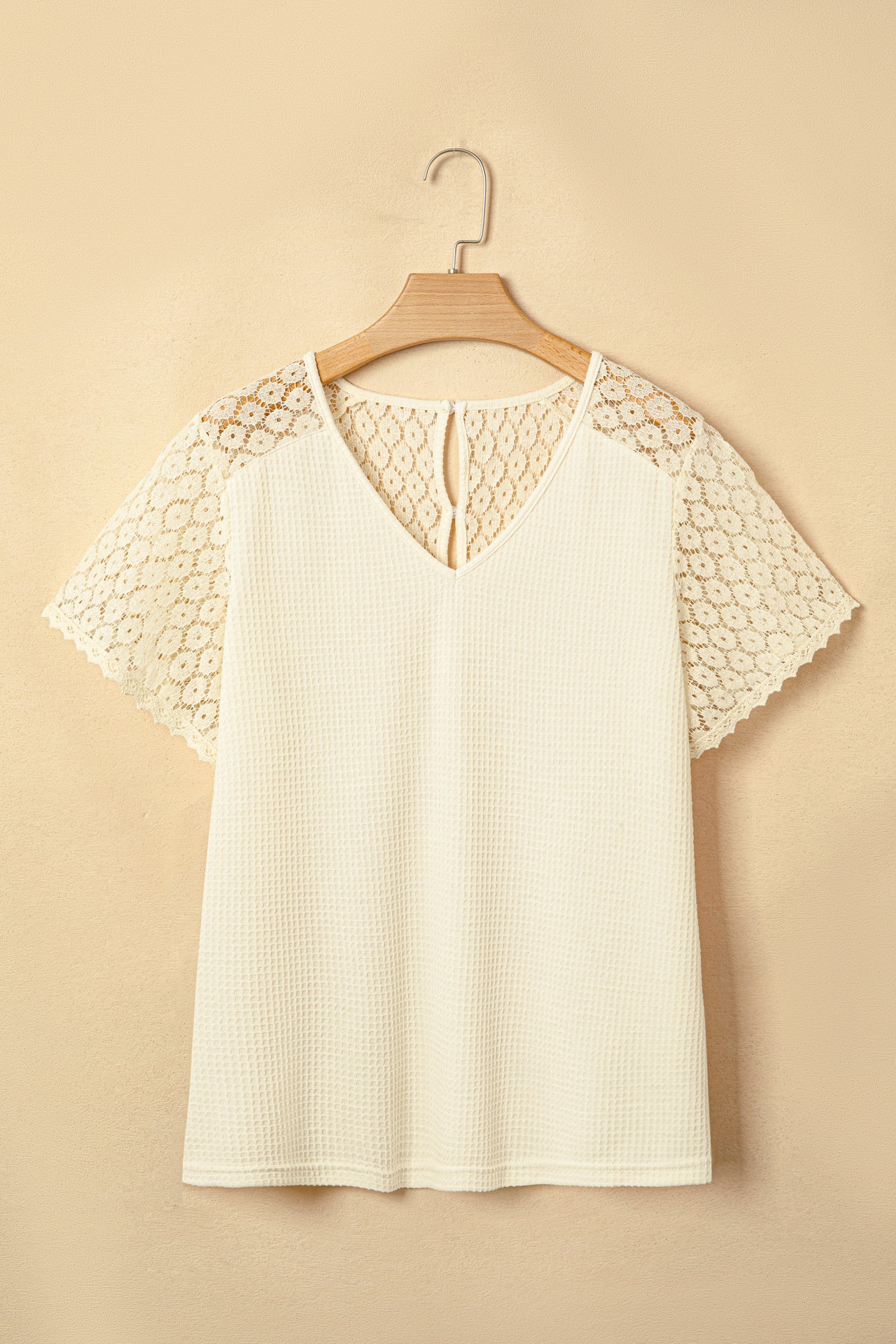 PRE-ORDER: Lace Splicing Button V Neck Waffle Knit Blouse