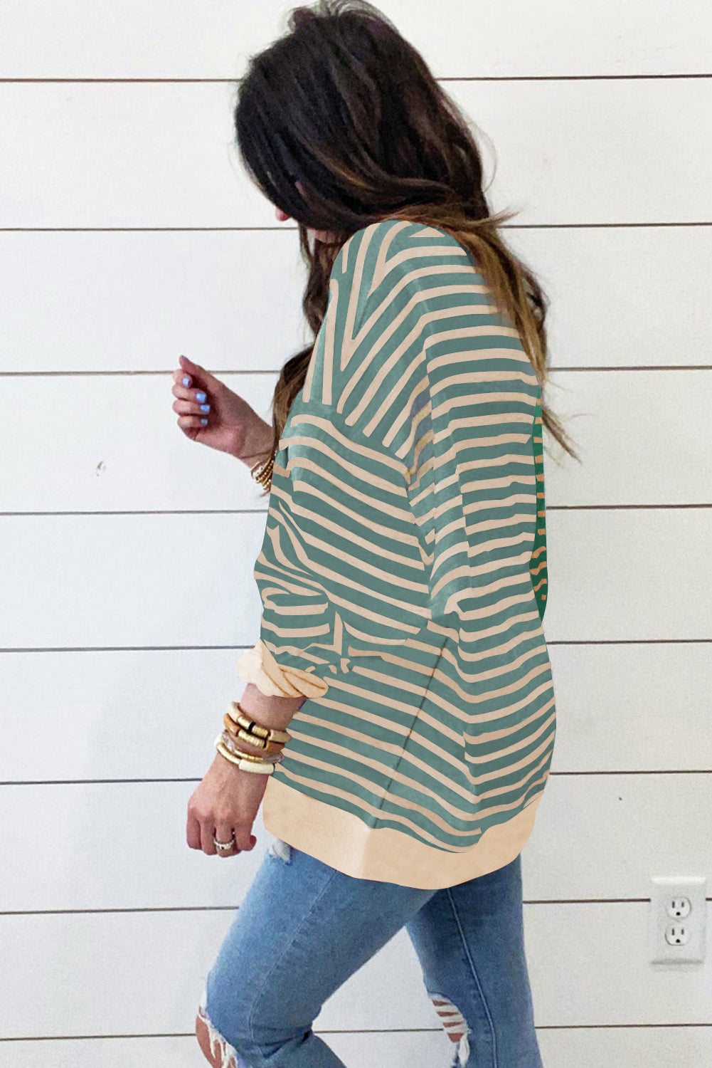 Casual Striped Colorblock Drop Shoulder Oversized Sweatshirt