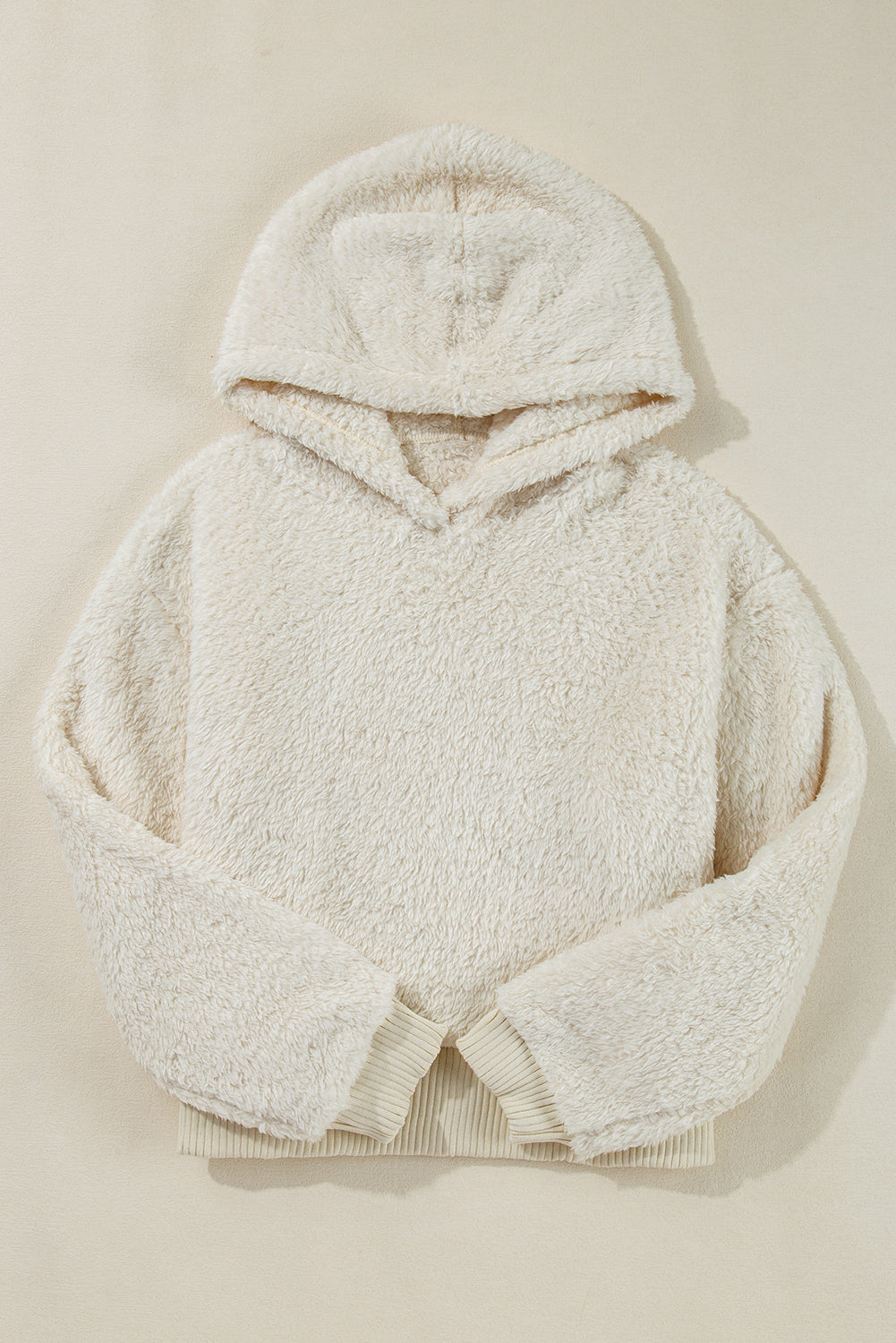 White Ribbed Edge Plush Hoodie
