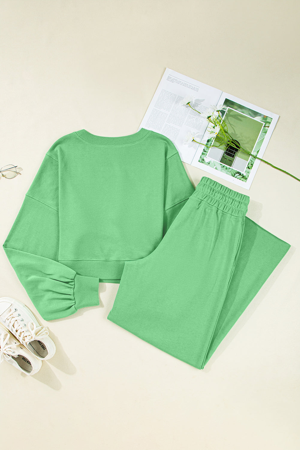 Drop Shoulder Crop Pullover Drawstring Wide Leg Pants Set