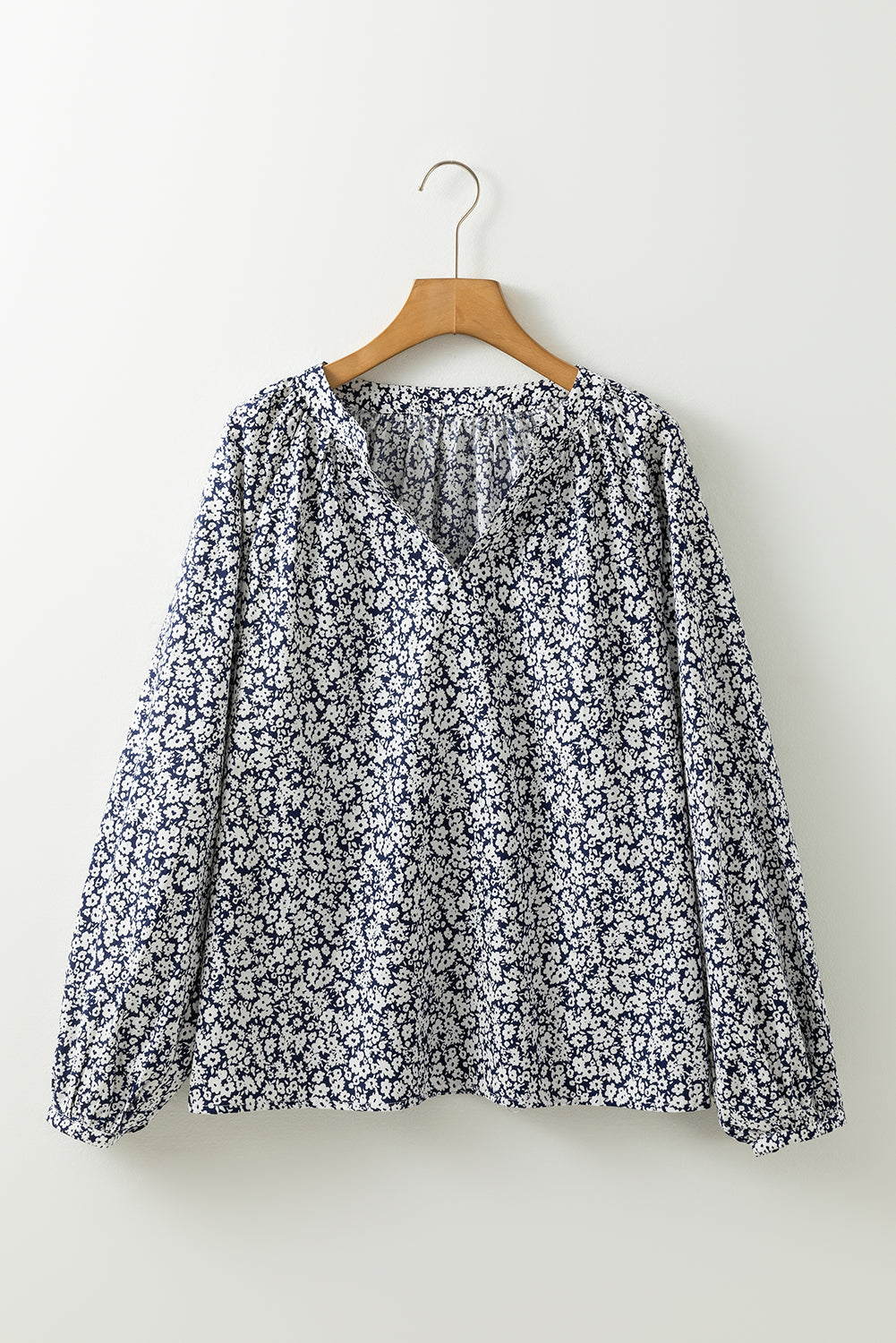 Blue Floral Print V Neck Puff Sleeve Blouse