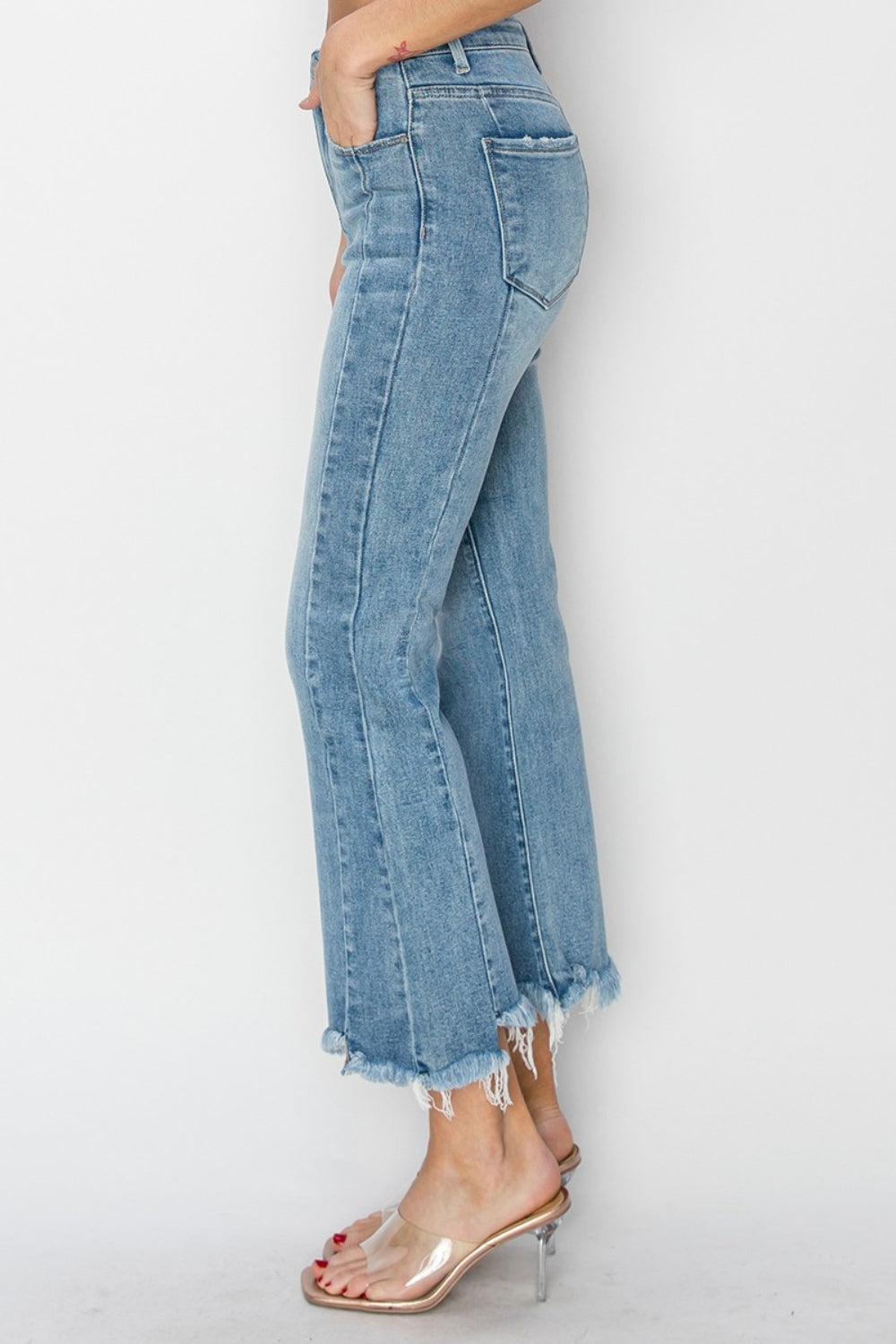 High Rise Frayed Hem Flare Jeans