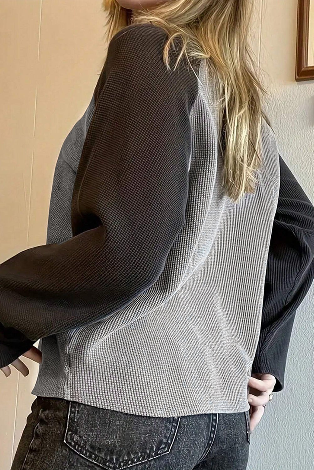 Waffle Knit Colorblock Star Patch Raglan