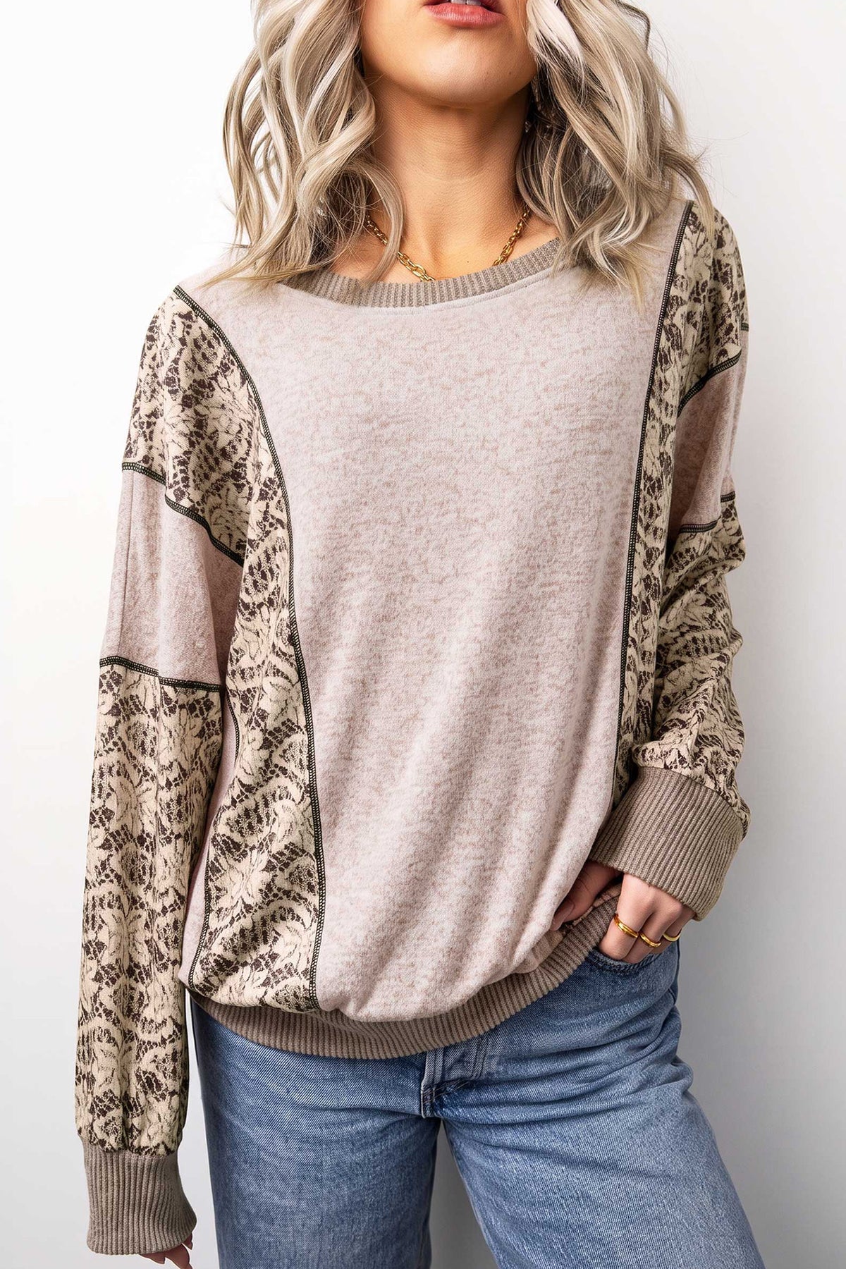 PRE-ORDER: Khaki Floral Print Round Neck Long Sleeve Shift Top