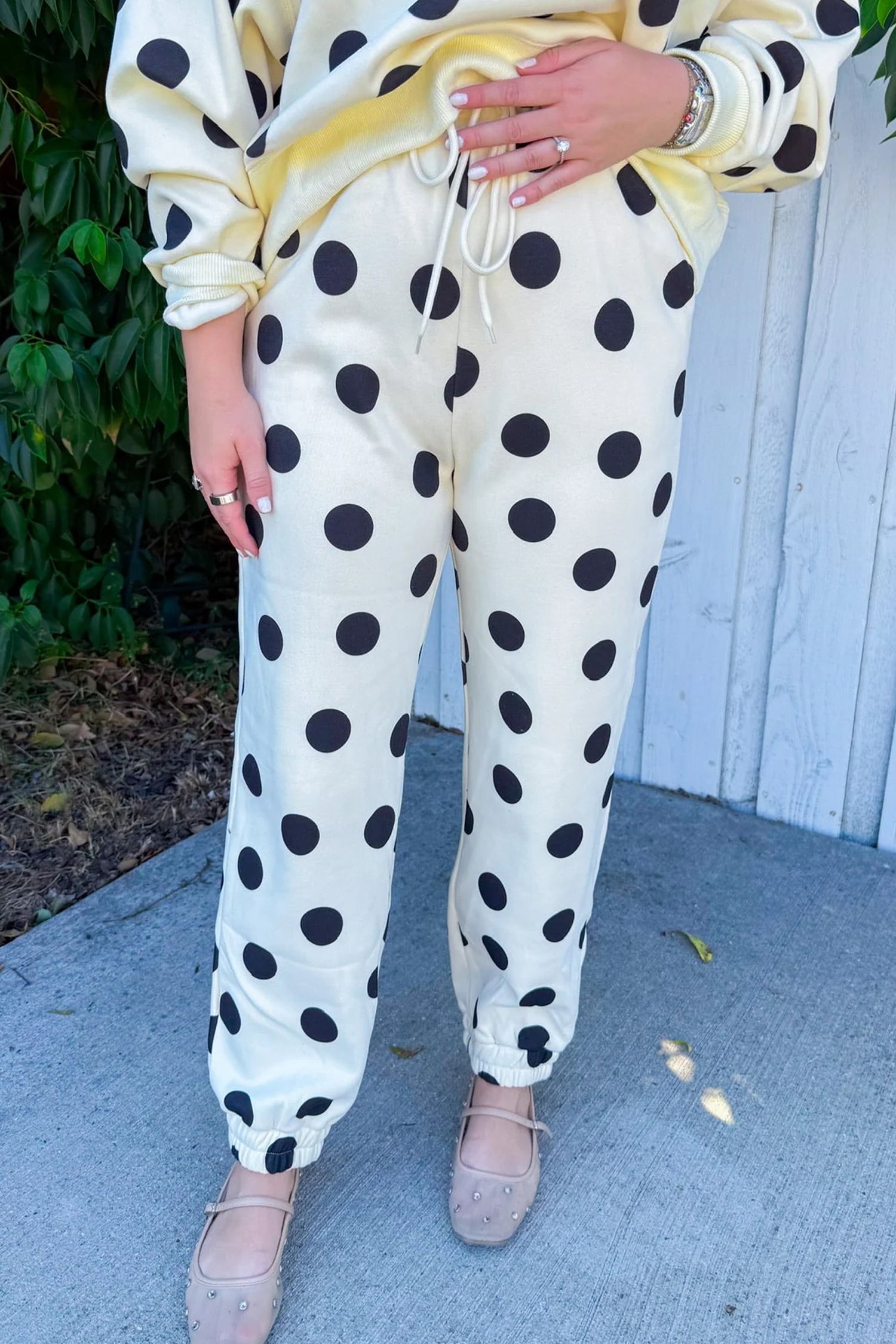PRE-ORDER: Polka Dot Print Drop Shoulder Pullover Drawstring Jogger Pant Set