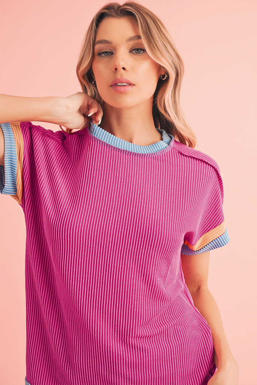 PRE-ORDER: Textured Contrast Color Round Neck T Shirt