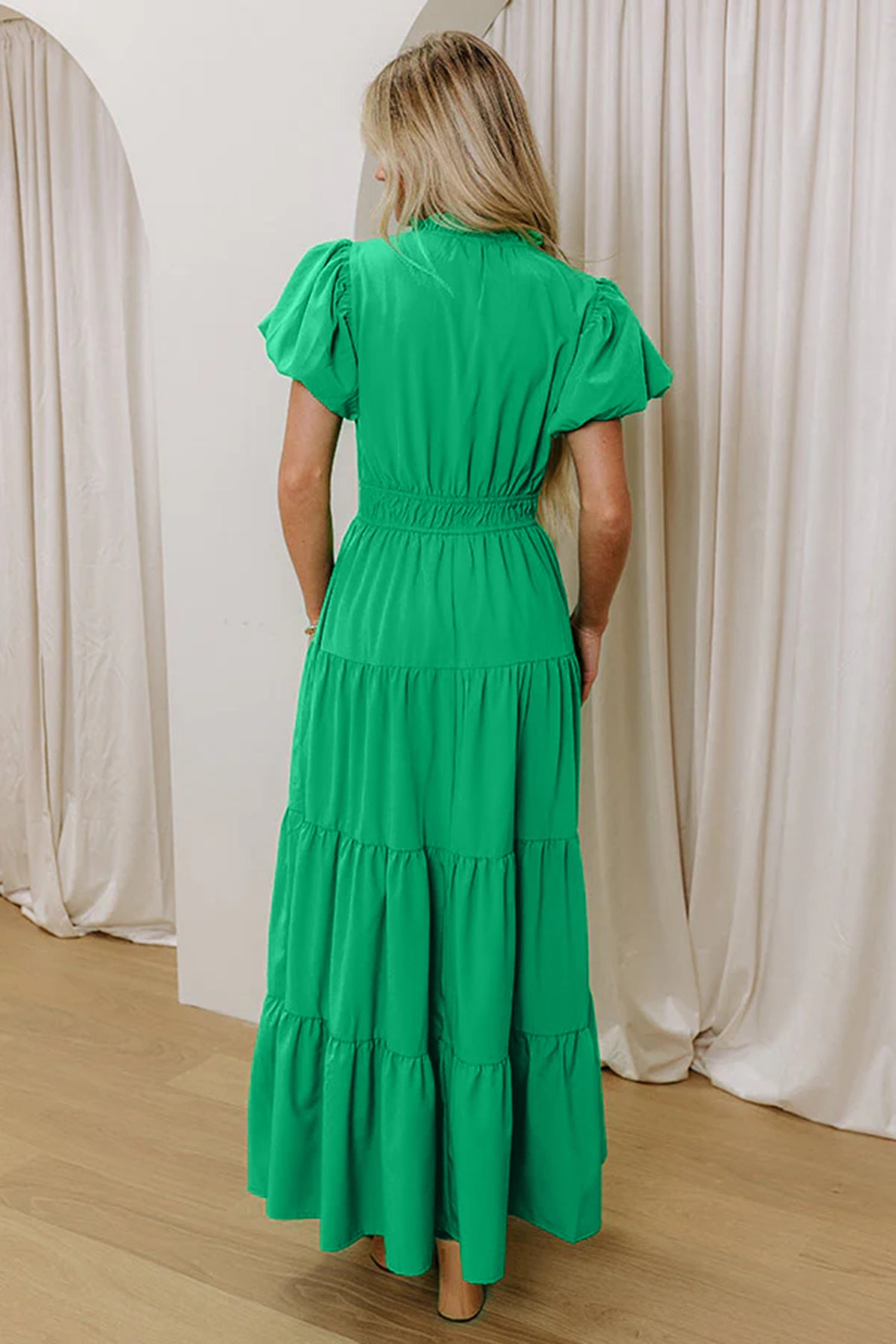 PRE-ORDER: Green V Neck Short Puff Sleeve High Waist Tiered Maxi Dress