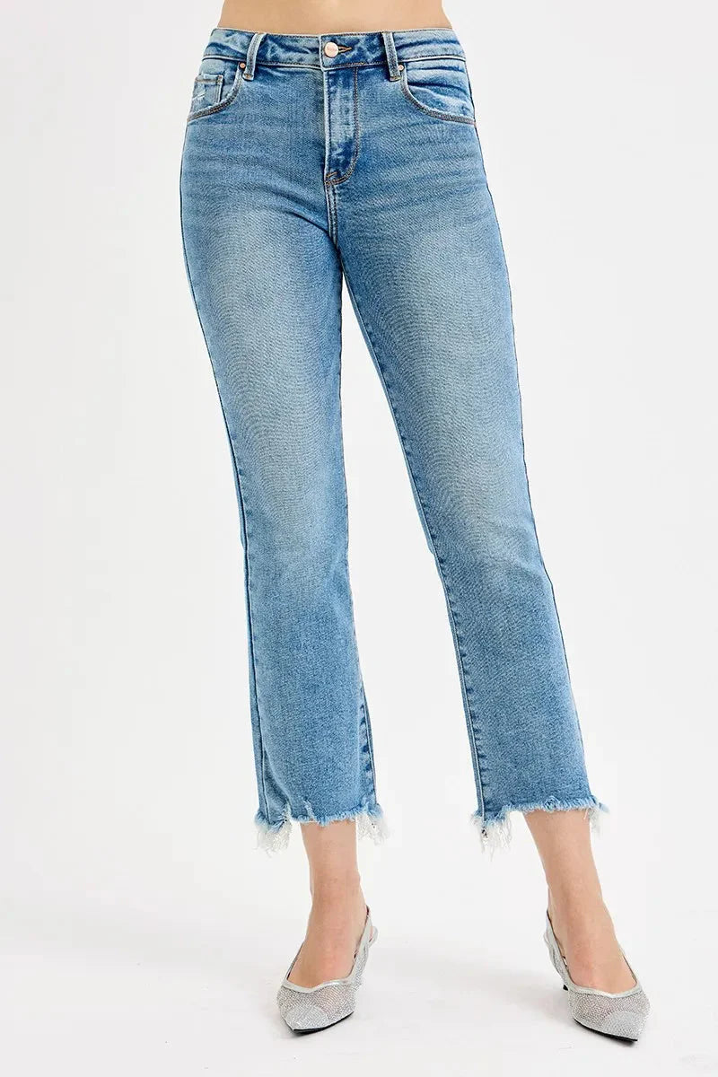 High Rise Crop Straight Slim Medium Wash Jeans